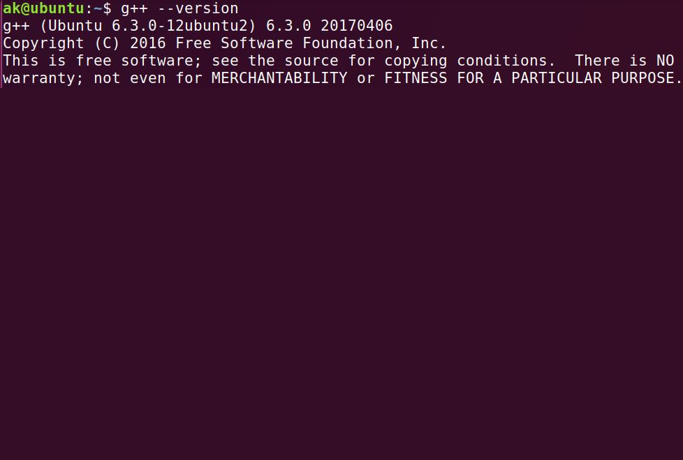 g++ version terminal output